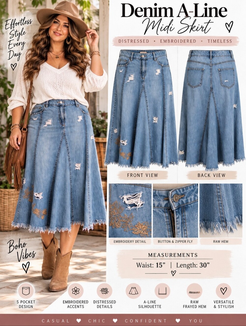 Distressed Denim A-Line Midi Skirt Embroidered Raw Hem 5 Pocket 30"